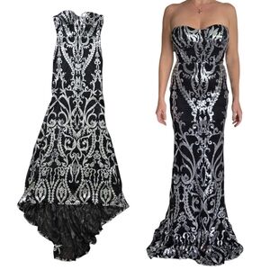 Strapless Black Silver Sequin Mermaid Gown Formal Dress M Bodycon Gala Prom Glam
